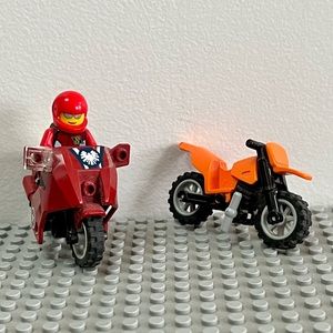 Lego mini figure motorcycle rider & 2 motorcycles